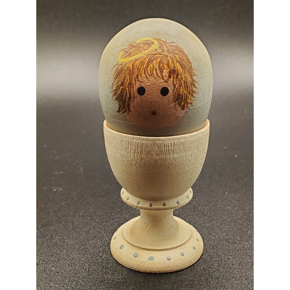 Handmade Wooden Egg Handpainted Girl Figurine with Halo 3.75" high